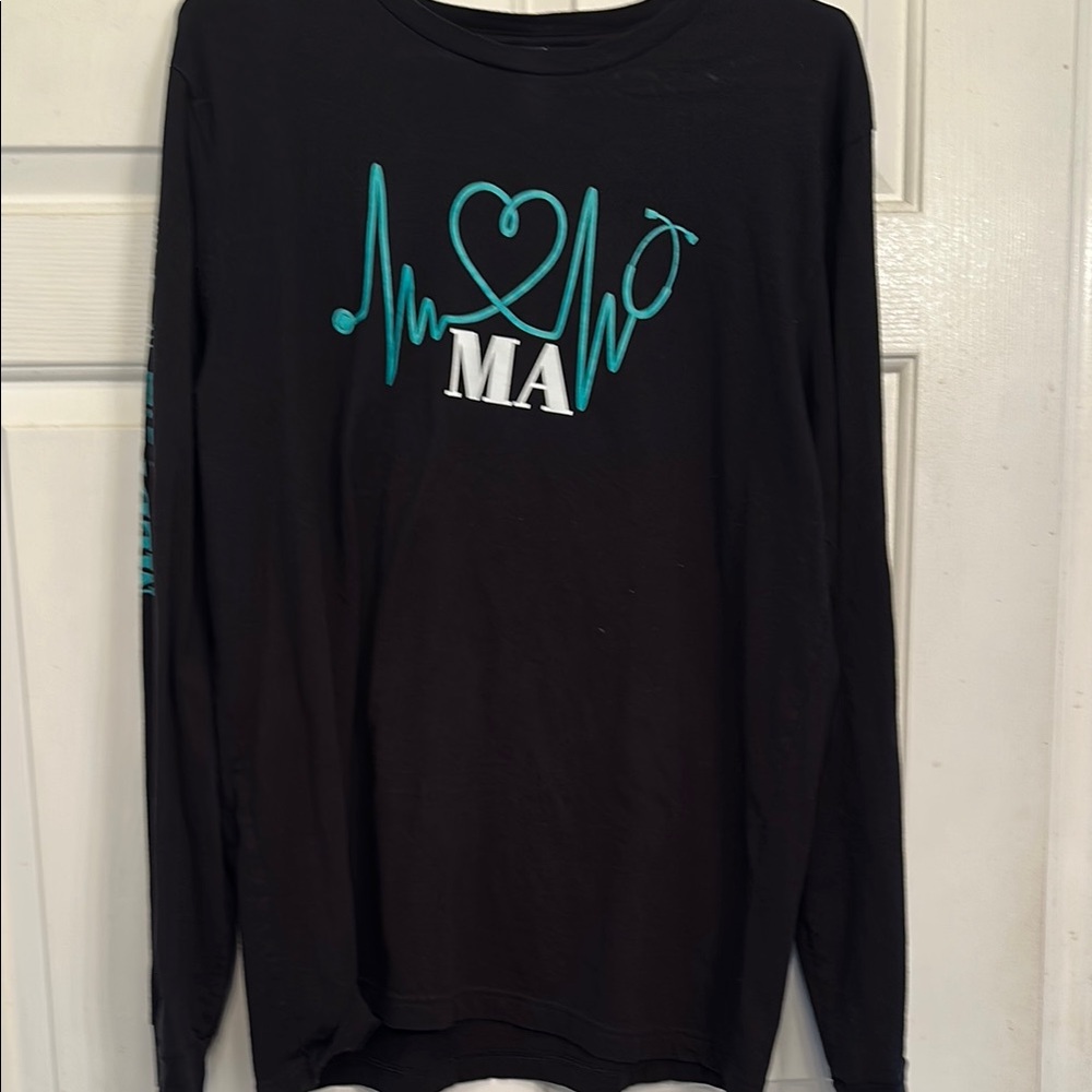 Black Long Sleeve Shirt with Teal Graphic.